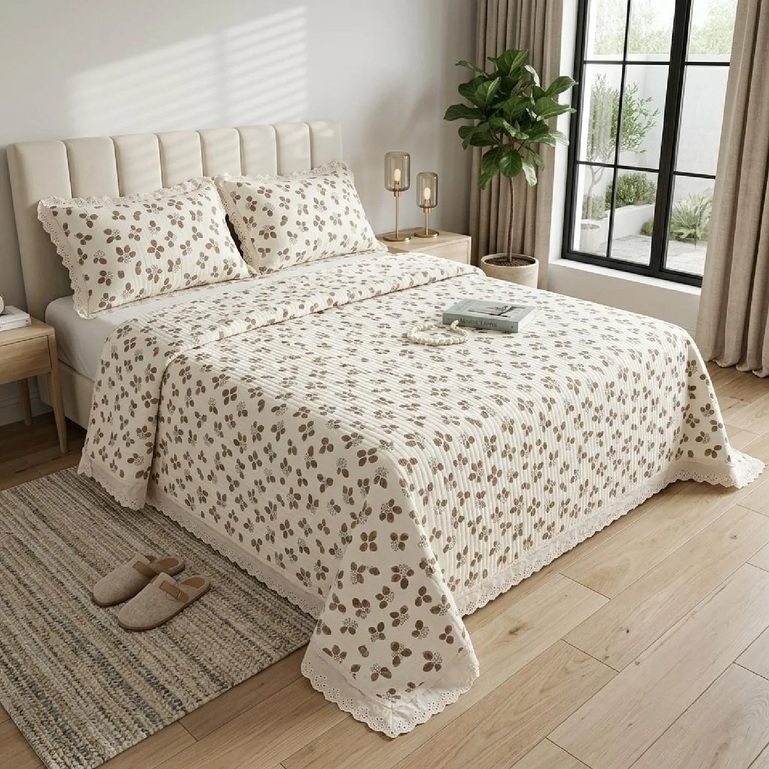 3-Piece Imported Floral Printed Bedspread Set with Lace