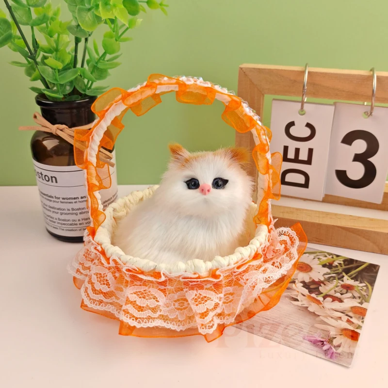 Hot Sale Lace Decorative Woven Basket with Plush Cat Toy & Flashing Lights – Simulation Kitten Doll for Home & Car Decoration