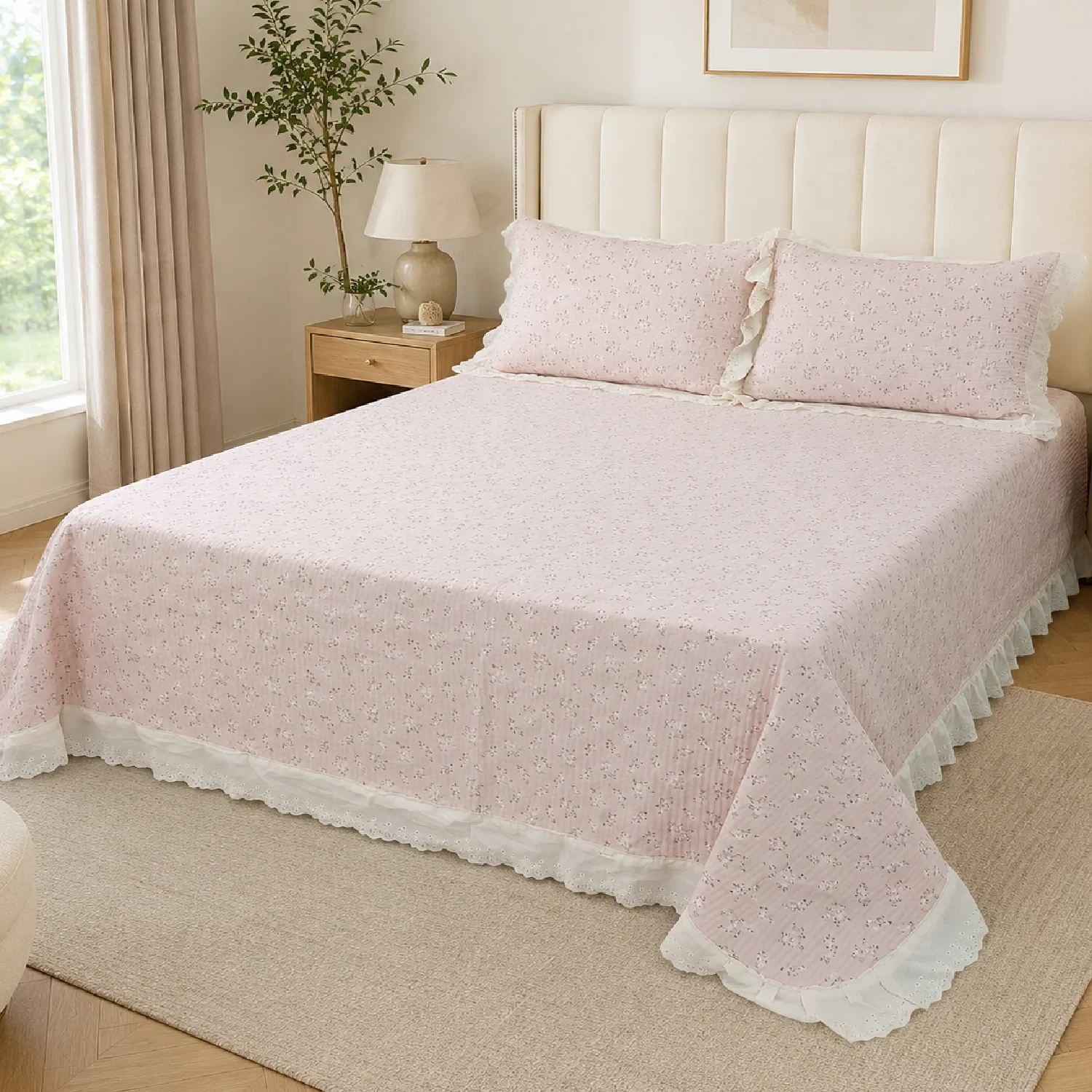 3-Piece Imported Floral Printed Bedspread Set with Lace
