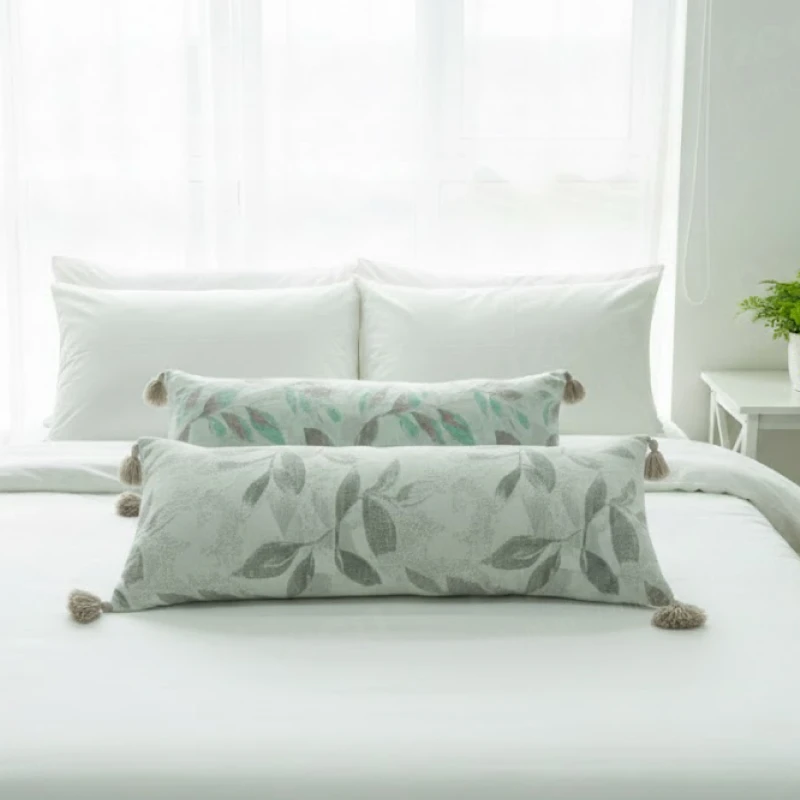 Tassel Long Bolster Pillow with Corner Design, Leaf Pattern Print Long Decorative Tassel Pillow In Bangladesh