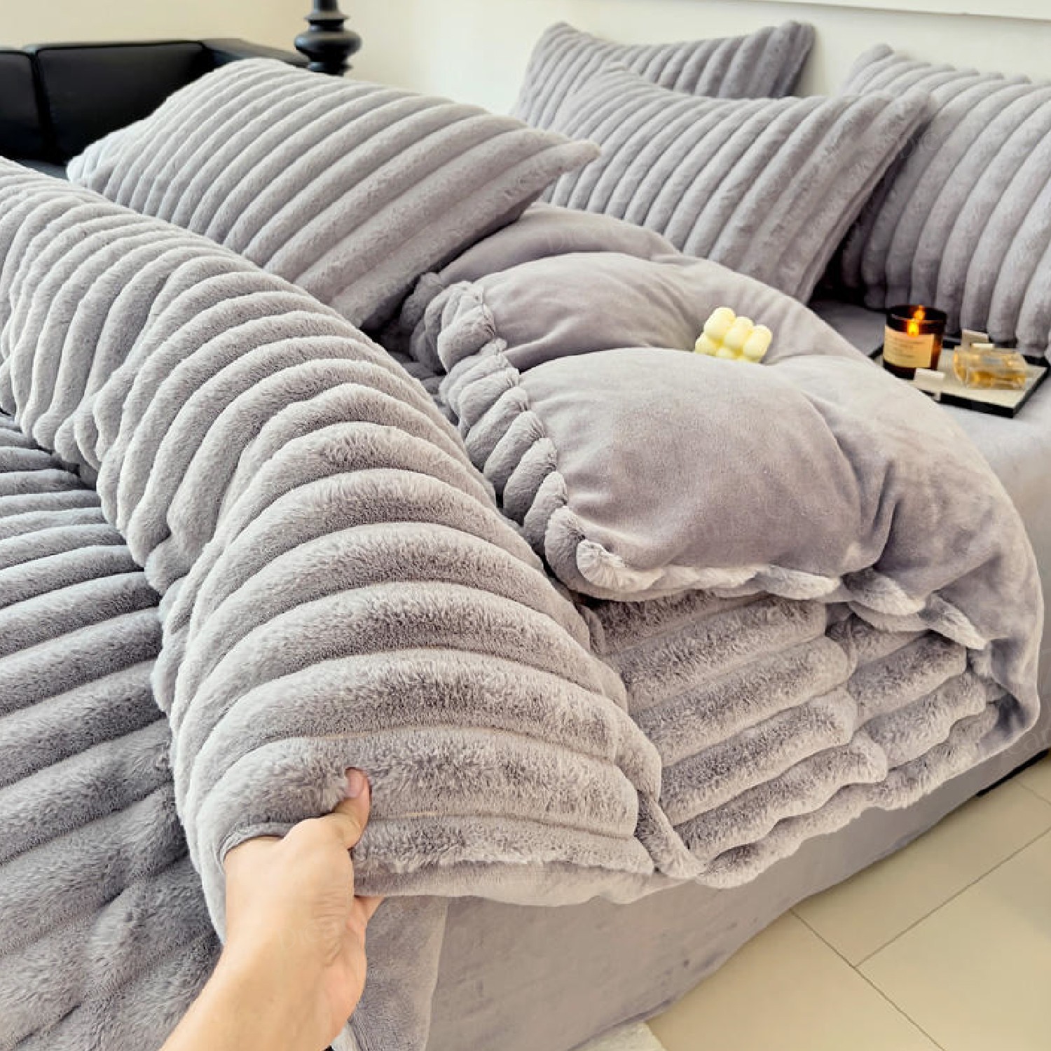 Imported Stripe Fluffy Blanket - Super Soft Blankets, Rabbit Faux Fur 7x8 Feet Blankets