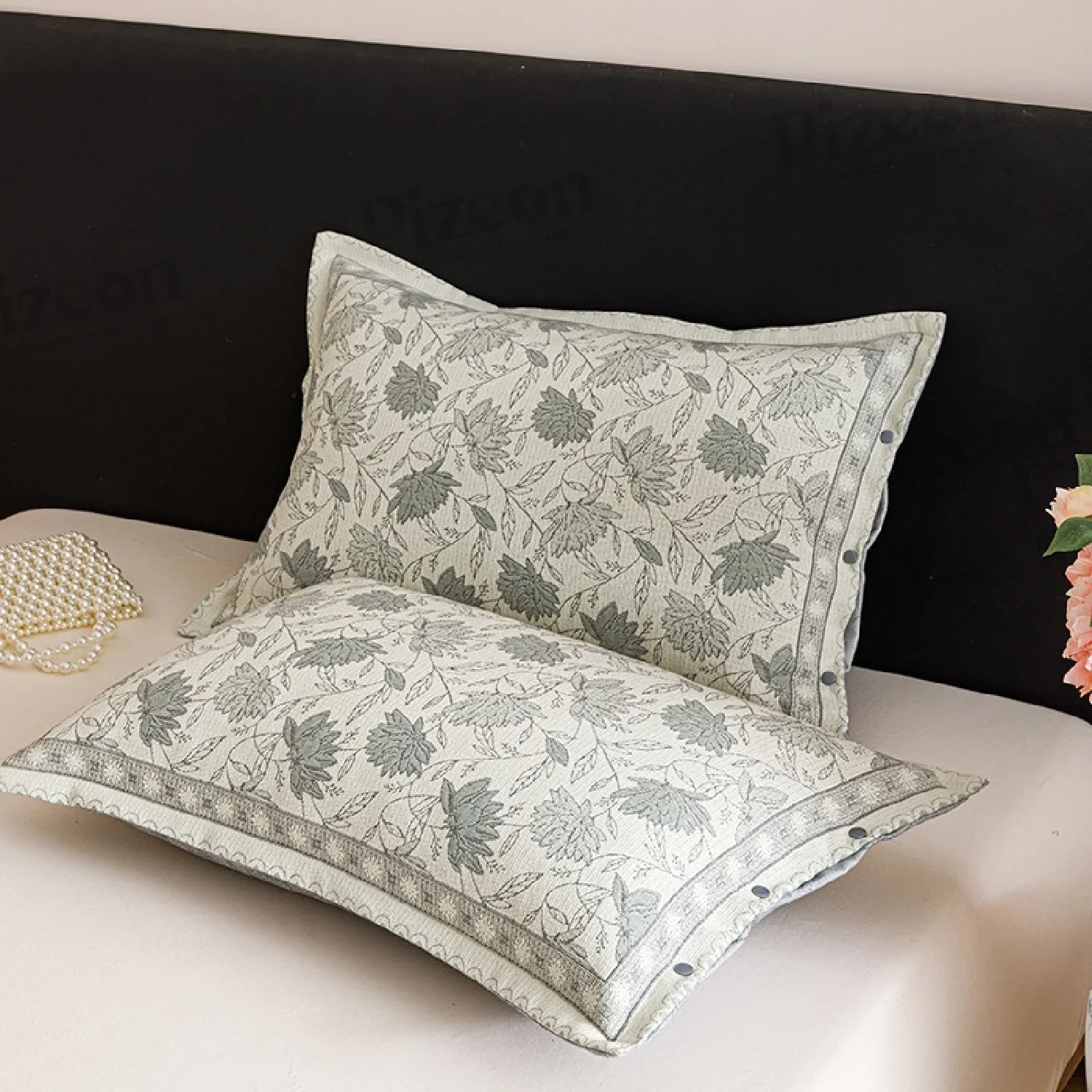 Premium Jacquard Style Botanic Pillowcase with Button.