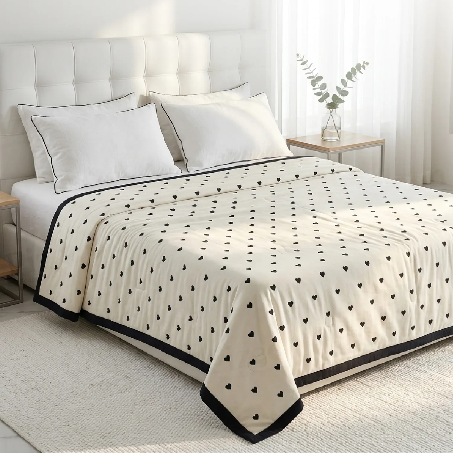 Imported Black Heart Print All Over Print Summer Quilt.