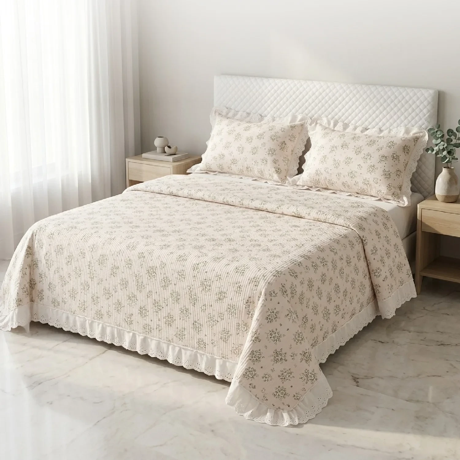 3-Piece Imported Floral Printed Bedspread Set with Lace