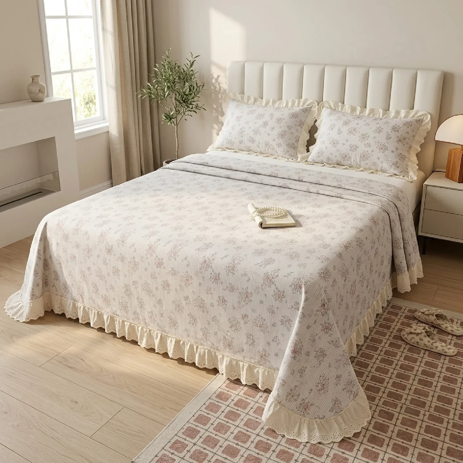 3-Piece Imported Floral Printed Bedspread Set with Lace