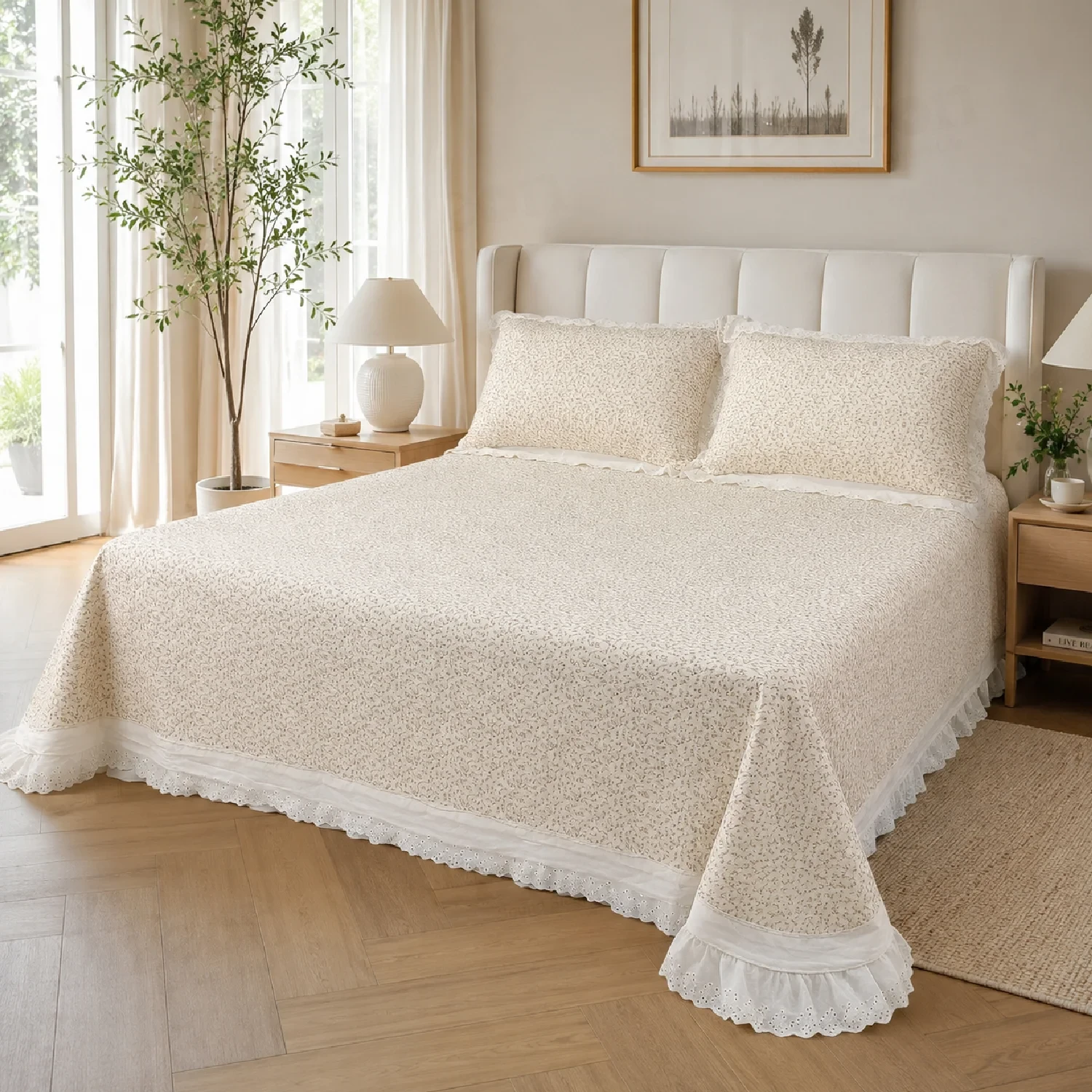 3-Piece Imported Floral Printed Bedspread Set with Lace